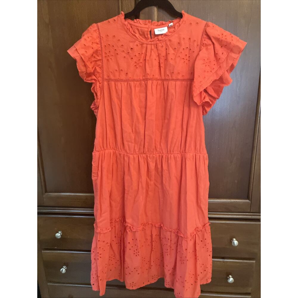 Saint Tropez TillySZ SS Dress Coral Orange Eyelet Ruffle Tiered Cotton XL